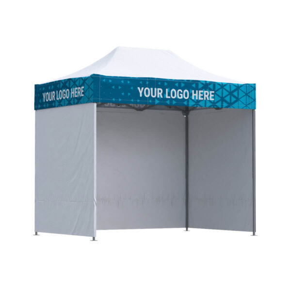 Nůžkový stan 2×3 s potiskem na límcích a bílými bočnicemi bez potisku