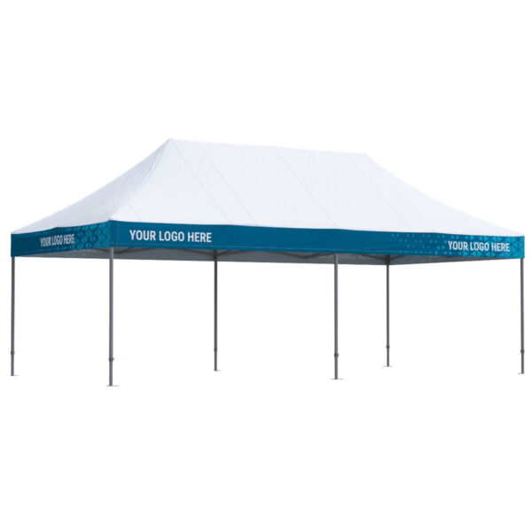 Bílý nůžkový stan 4x8 m s modrými límci a reklamním potiskem.